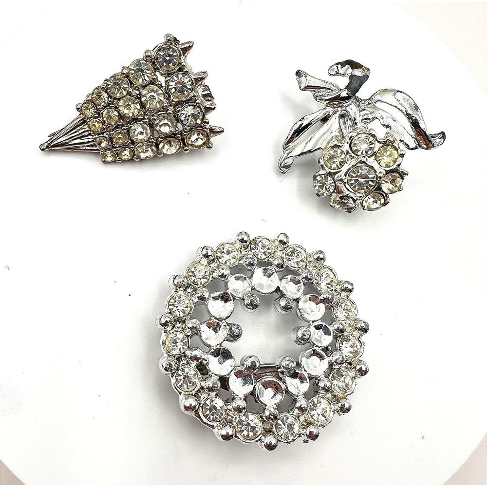Vintage 80s 90s Clear Rhinestone Brooch Pin Lot 3pc Silver Tone Jewelry